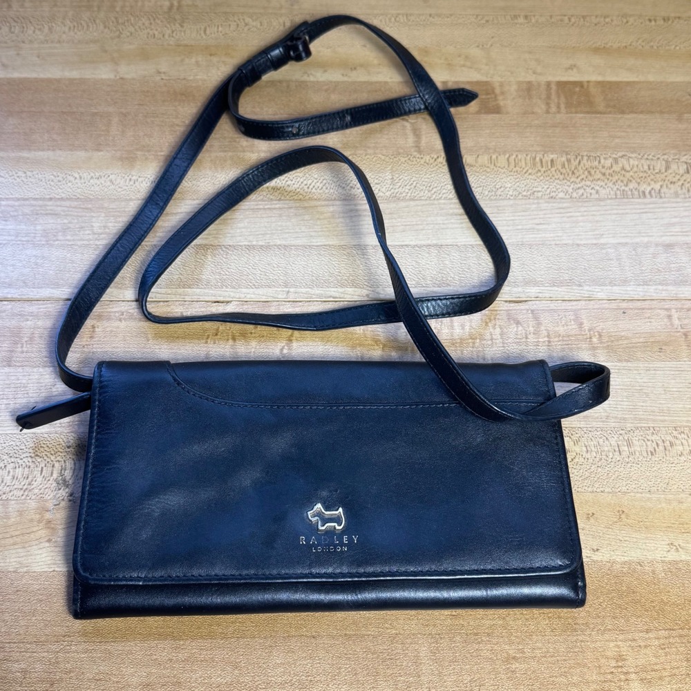 Radley London Black Leather Crossbody Wallet Clutch Bag Silver Scottie Dog Logo
